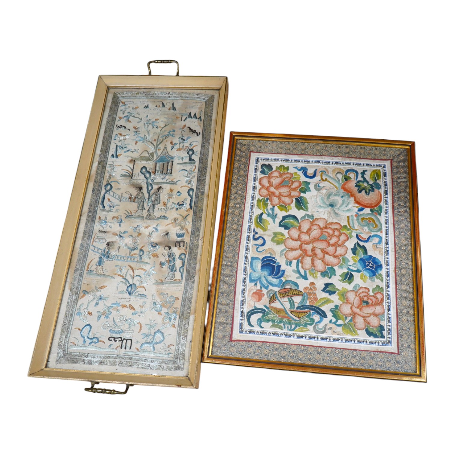 A framed pair of late 19th century embroidered sleeve bands now as a tray and a framed Chinese knot floral silk embroidery, Chinese knot embroidery 30.5cm wide x 39cm high., Condition - the sleeve bands are stained the f